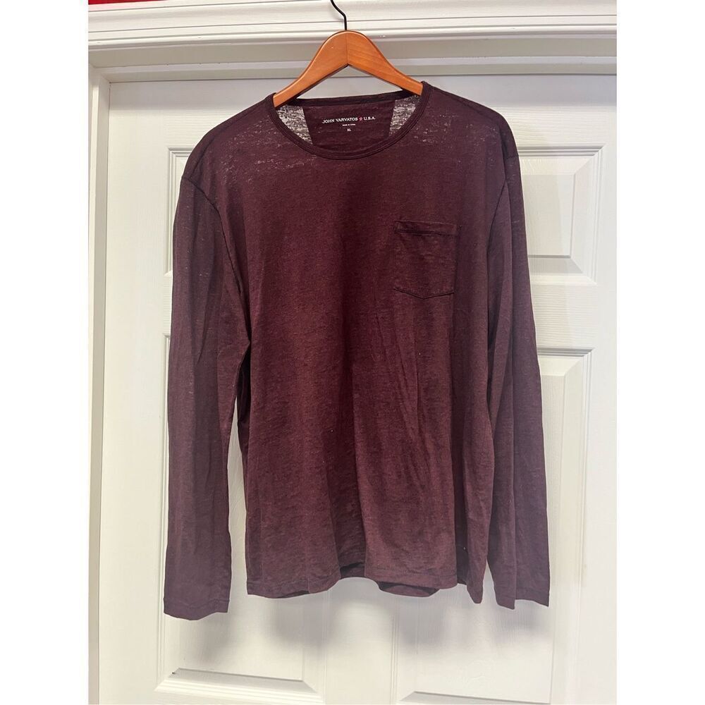 John Varvatos Burgundy & Black Long Sleeve Burn Out Pocket T-Shirt Sz XL EUC